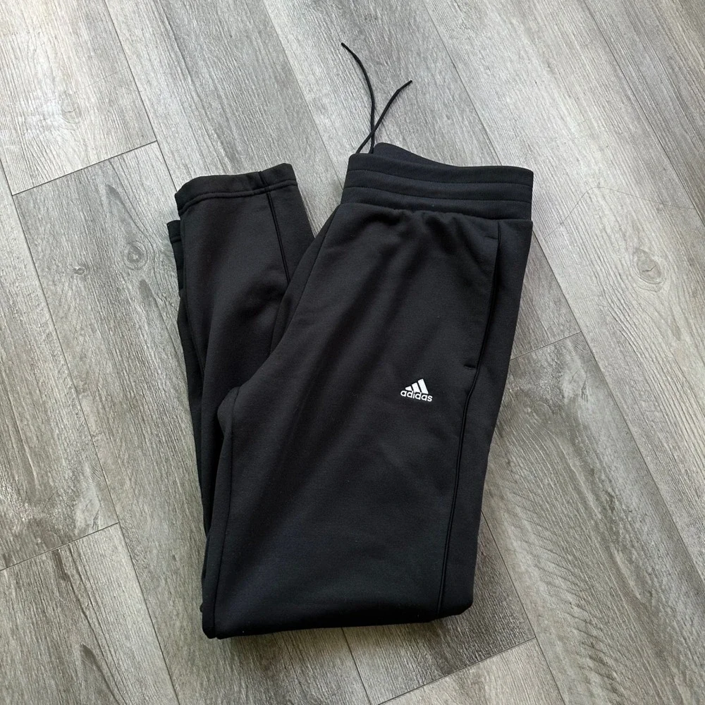 Adidas Fleece Joggers Size M Black Drawstring Tapered Sweatpants Logo
